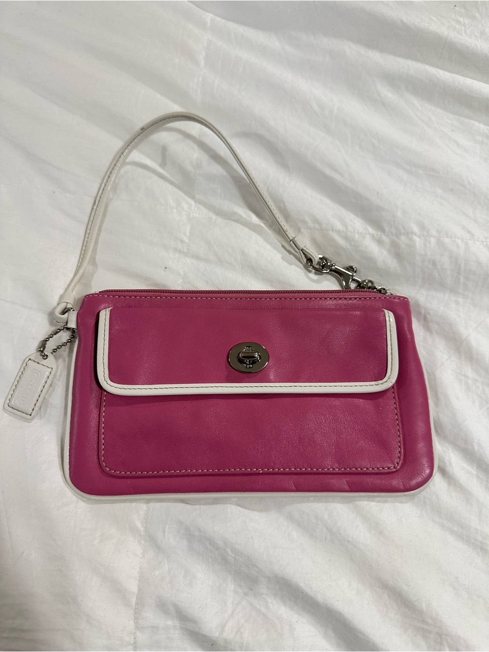 Coach Pink Leather Wristlet with White Trim